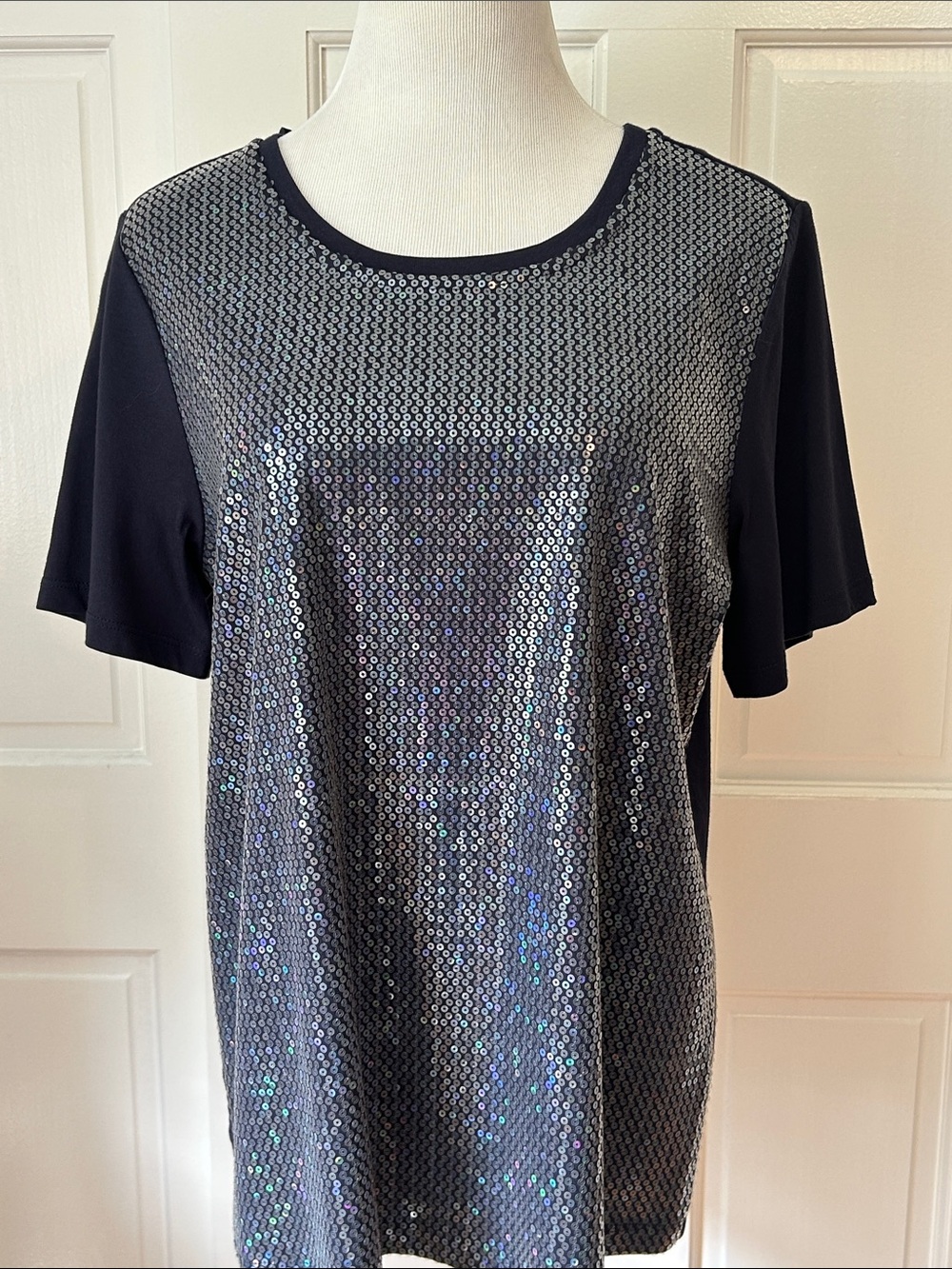 CJ Banks Navy Short Sleeve Sequin Front Top